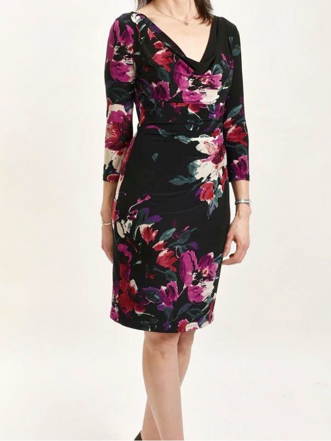 Lauren Ralph Lauren Black Floral Long-Sleeve Sheath Dress With Magenta Accents